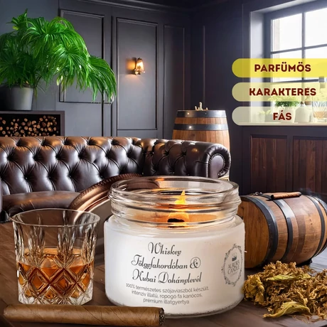 whiskey tölgyfahordóban és kubai dohánylevél karkateres fás illatgyertya